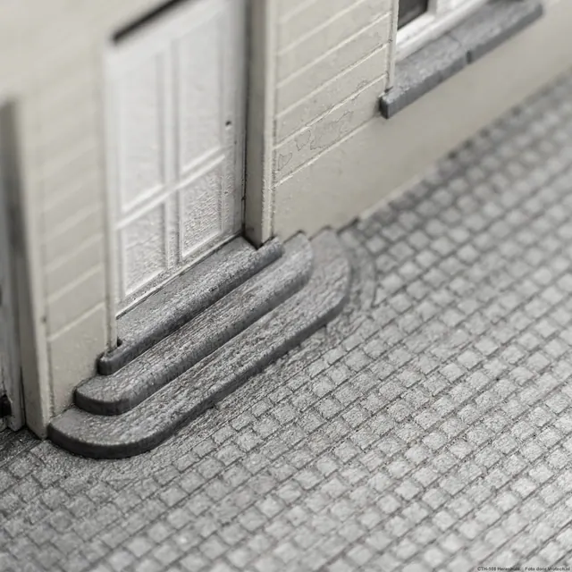 Detail van CTH-108: gegraveerde deur, stoep en kasseien